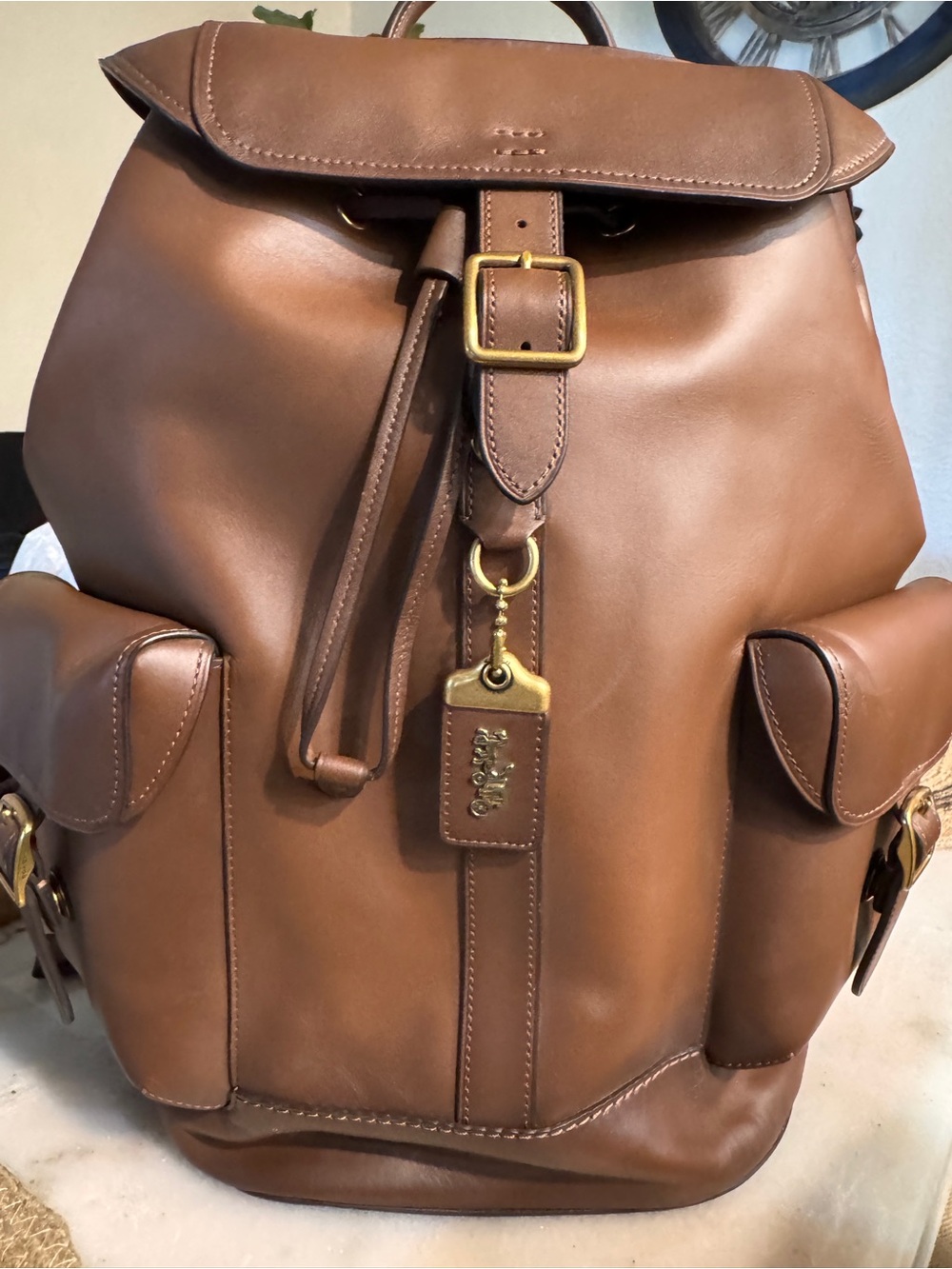 Coach Chestnut Brown Leather Backpack with Brass Hardware